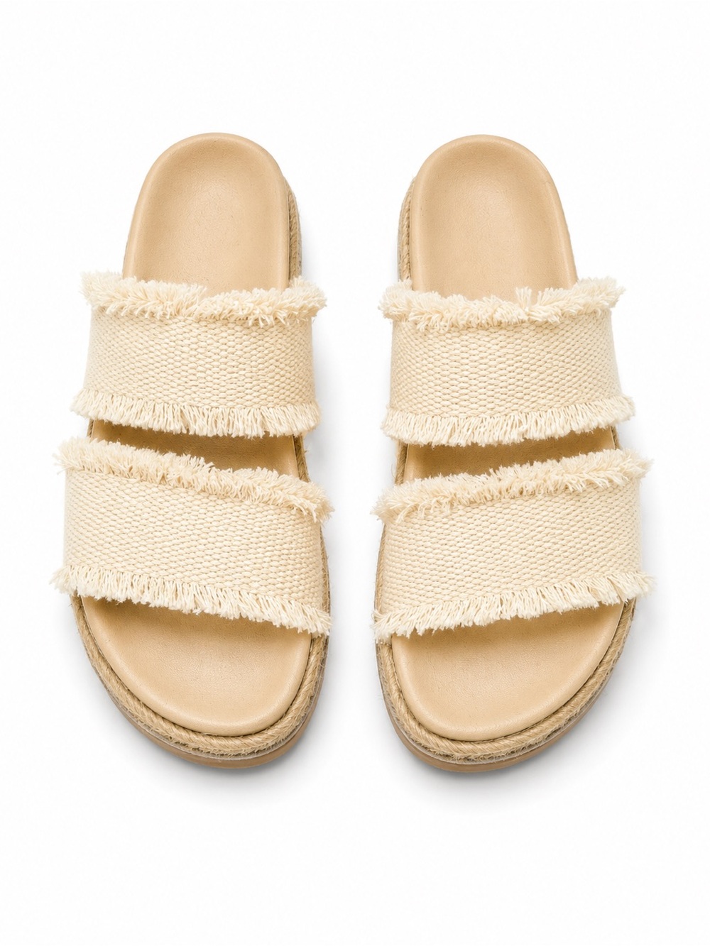 Castaner Beige Frayed Double-Strap Slide Sandals